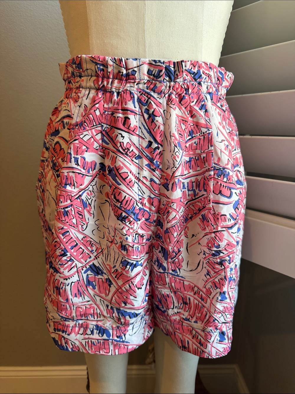 Plenty by Tracy Reese Pink and Blue Printed Elastic-Waist Bermuda Shorts